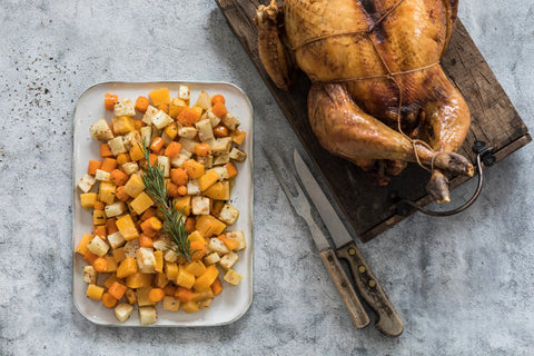 Wortelen, pompoen en venkel uit de oven met een kalkoen